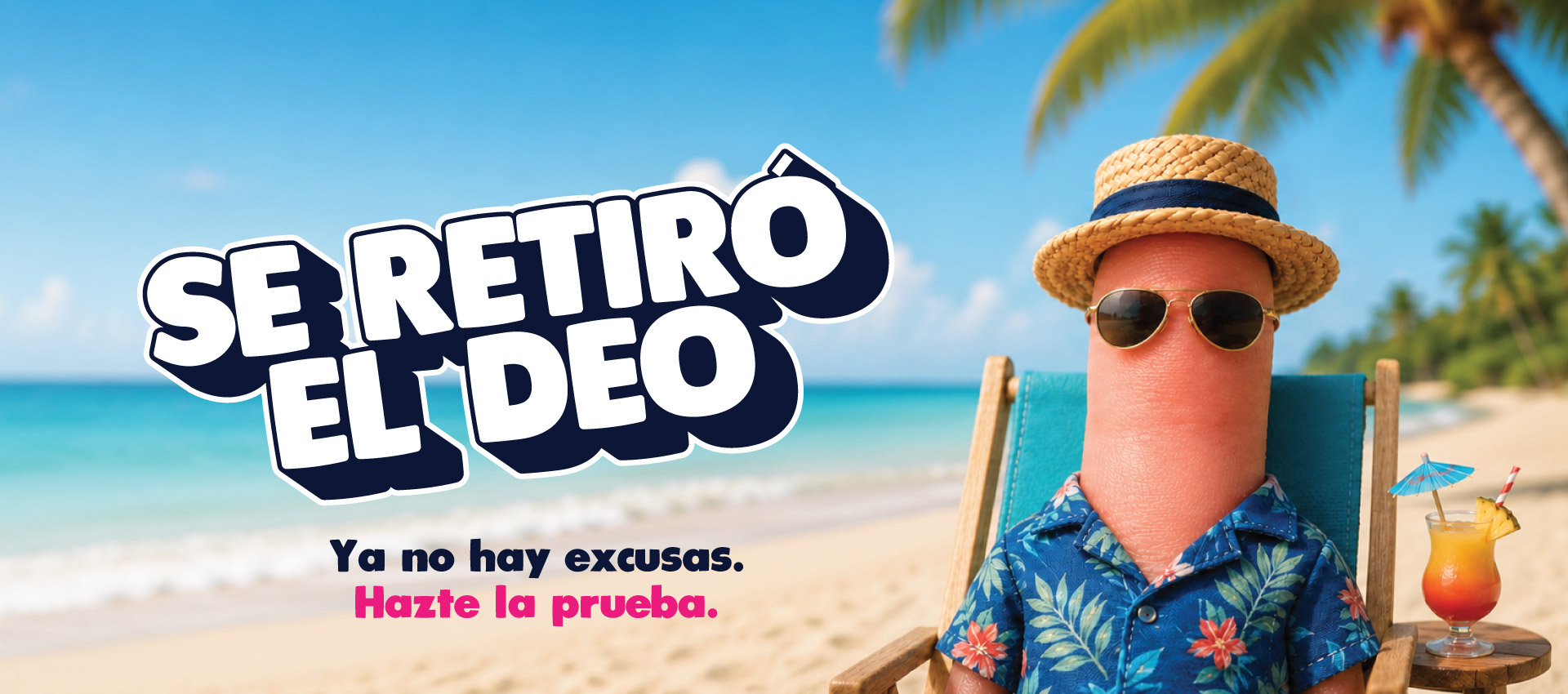 imagen de un dedo, con un sombrero y una camisa tropical, sentado en la playa con una bebida